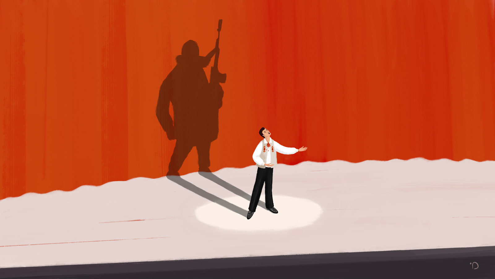 01. En Ukraine, le dernier souffle d’un soldat d’opéra un chanteur d'opéra (Wassyl Slipak) sur scène avec son ombre en forme de soldat sur le rideau rouge