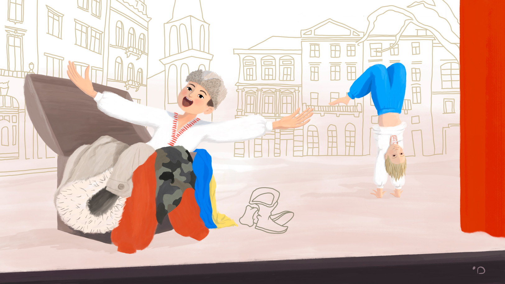 02. De l'école du chant au champ d'honneur, l'enfance d'un héros ukrainien Un jeune garçon sur une scène, qui sort d'une malle pleine de vêtements cosaque.
