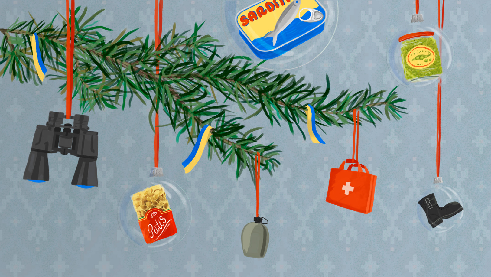 08. La guerre éclate en Crimée et le chanteur se mue en père Noël objets sur une branche de sapin de noël