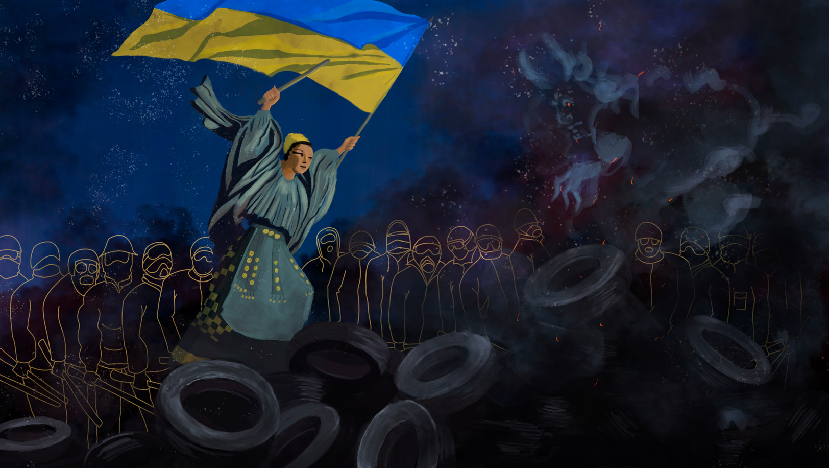 09. Peut-on être nationaliste sans être facho? La leçon venue d’Ukraine Statue de Berehynia avec un drapeau ukrainien marchant sur les pneus qui brûlent place Maidan en 2014