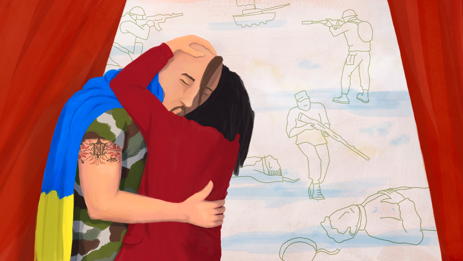 13. «Tu es chanteur d'opéra, pas soldat!» Wassyl un drapeau ukrainien sur le dos enlace une femme