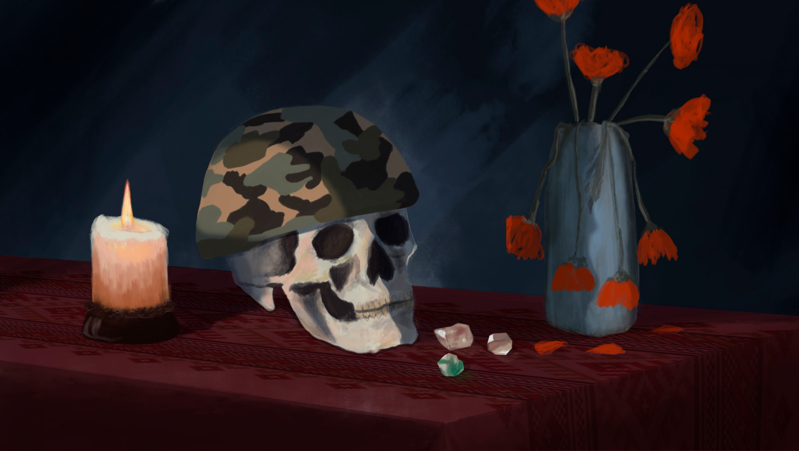 14. Tu ne reviendras pas, prédit la voyante Représentation memento mori avec un crâne portant un casque de soldat
