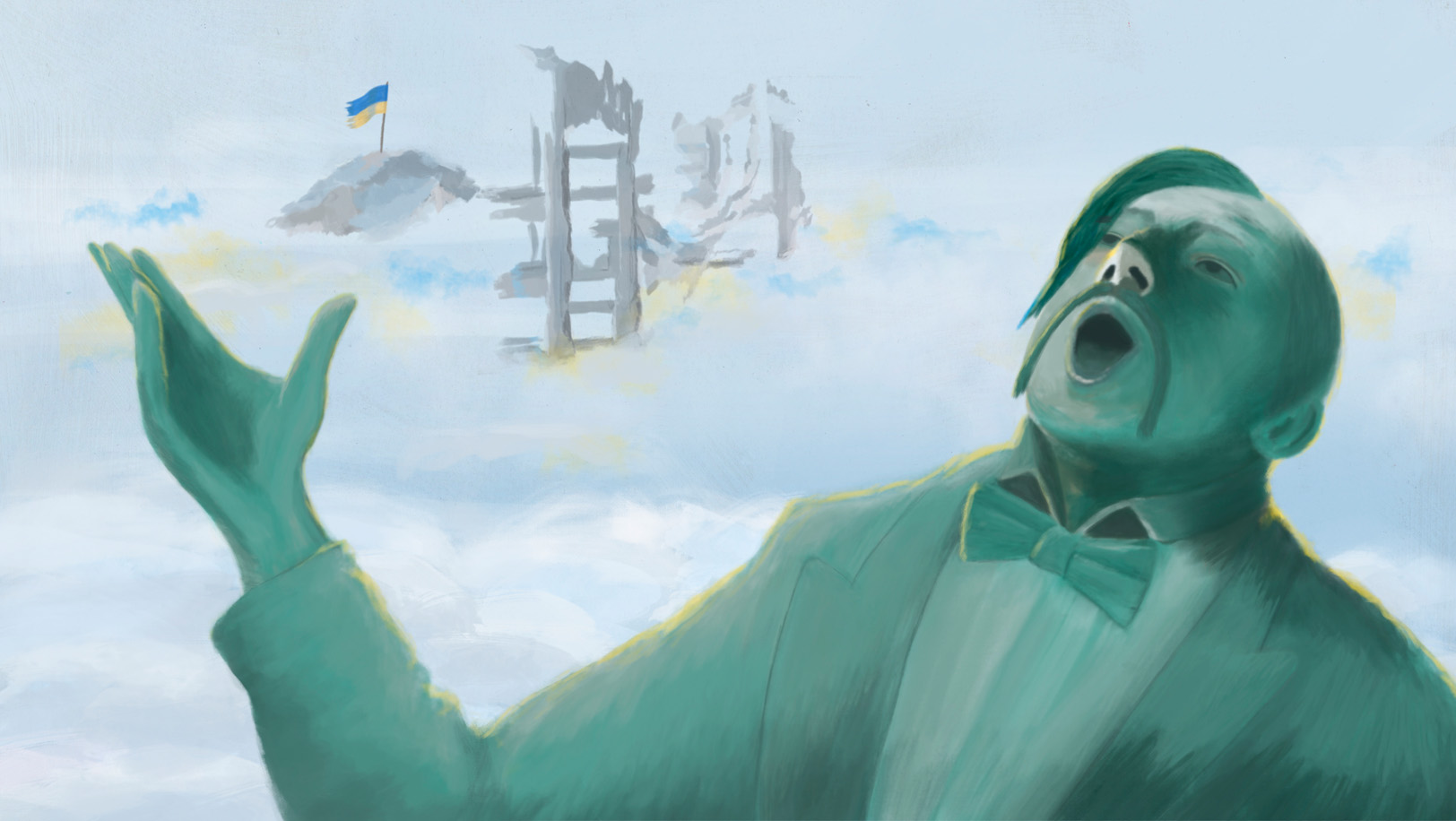 17. En Ukraine est né un héros de légende Wassyl Slipak en statue de bronze entrain de chanter dans les nuages