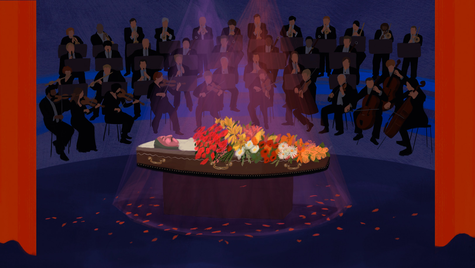 18. Sur la tombe de Wassyl, mort pour l’Ukraine, il n’y a pas de portrait Wassyl dans son cercueil sur scène entouré d'un orchestre